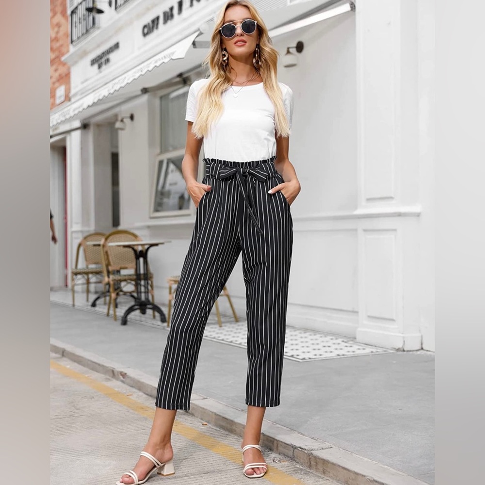 Women's Paper Bag Waist Pants Slim Fit Casual Office Pencil Pants